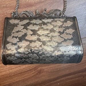 Vintage mix metal brass silver bronze crossbody bag clutch purse fish seahorse